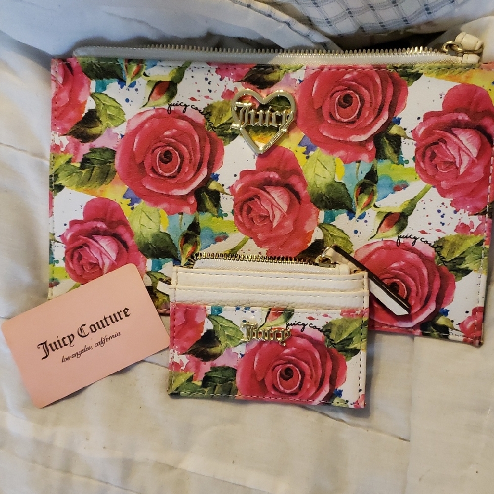 Juicy Couture Rose Print Cosmetic Bag Set - Pink and White